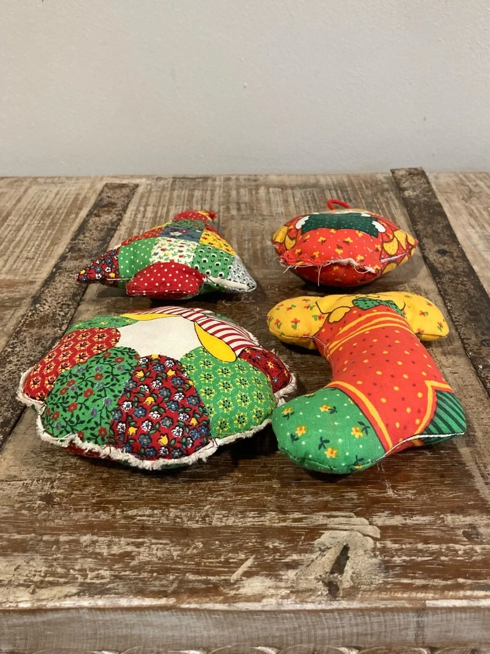 Vintage Handmade Patchwork Christmas Ornaments - Set of 4